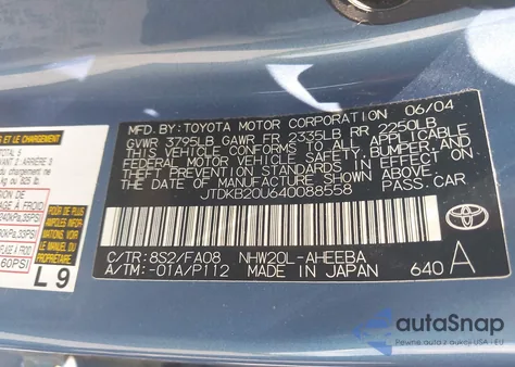 2004 Toyota Prius z USA, uszkodzony, nr VIN JTDKB20U640088558